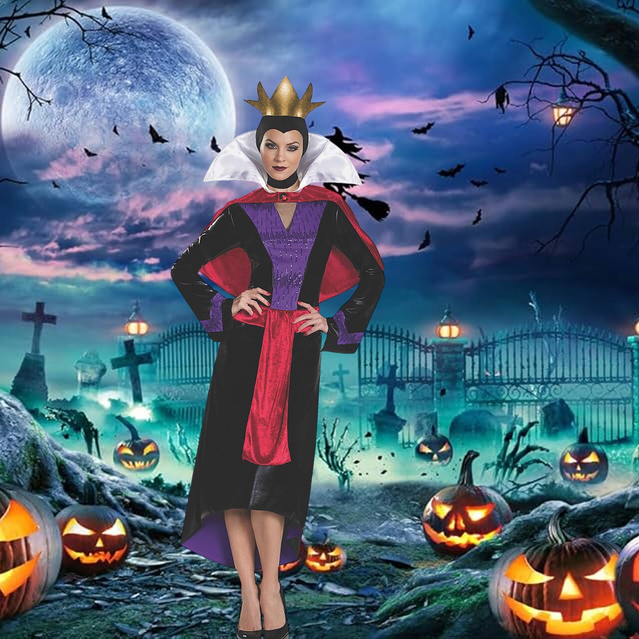 Womens Evil Queen Costume Halloween Dress With Cape Crown Headpiece